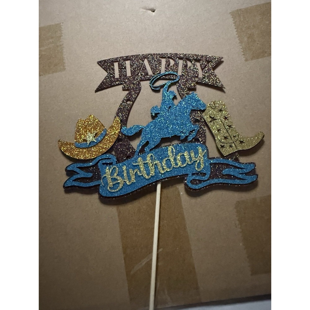 C0023-Western Cowboy Cake Topper Happy Birthday Glitter Rodeo Horse Hat Boot
